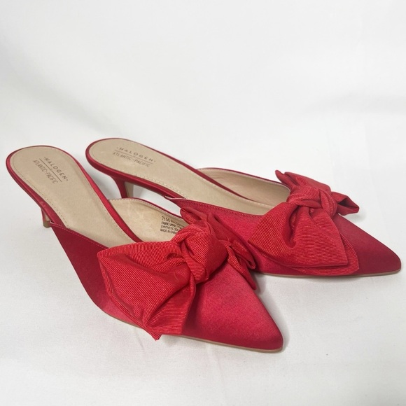 Halogen X Atlantic Pacific Ciara Bow Red Satin Slide Mule Kitten Heel - Picture 1 of 7